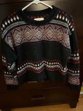 Lucky Brand Black Crewneck Sweater with Pink and Red Fair Isle